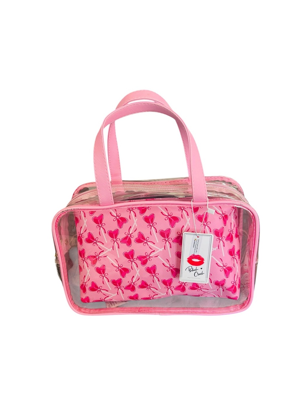 Blush Crush  Pink Clear Cosmetic Tote with Heart-Print Inner Pouch New